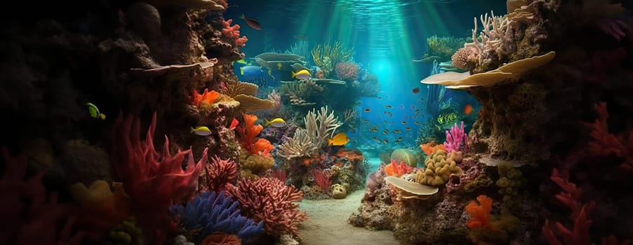 Tropical sea underwater fishes on coral reef. Aquarium oceanarium wildlife colorful marine panorama landscape nature snorkel diving. AI Generative