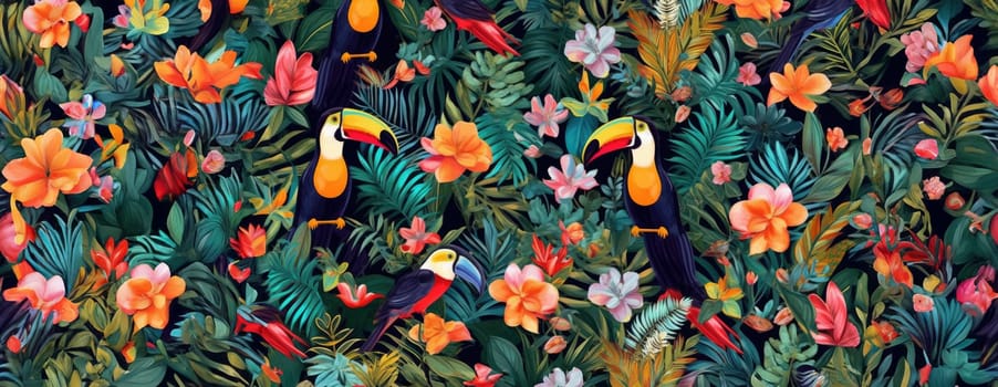 Tropical exotic pattern with animal and flowers in bright colors and lush vegetation. Ai Generative