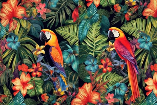 Tropical exotic pattern with animal and flowers in bright colors and lush vegetation. Ai Generative