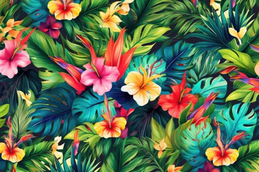 Tropical exotic pattern with animal and flowers in bright colors and lush vegetation. Ai Generative