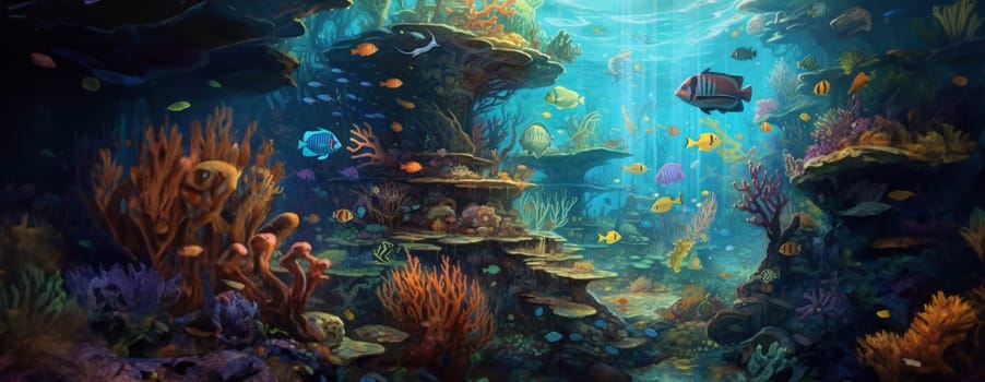 Tropical sea underwater fishes on coral reef. Aquarium oceanarium wildlife colorful marine panorama landscape nature snorkel diving. AI Generative