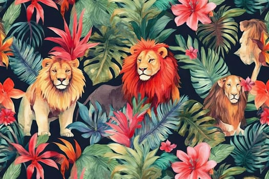 Tropical exotic pattern with animal and flowers in bright colors and lush vegetation. Ai Generative