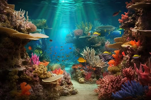 Tropical sea underwater fishes on coral reef. Aquarium oceanarium wildlife colorful marine panorama landscape nature snorkel diving. AI Generative