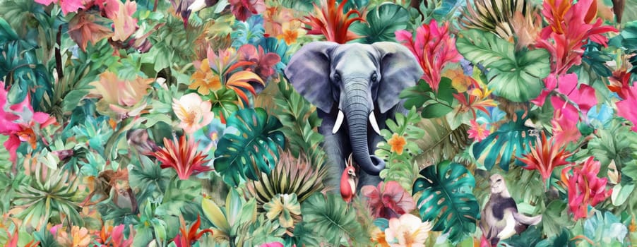 Tropical exotic pattern with animal and flowers in bright colors and lush vegetation. Ai Generative