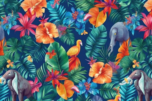 Tropical exotic pattern with animal and flowers in bright colors and lush vegetation. Ai Generative