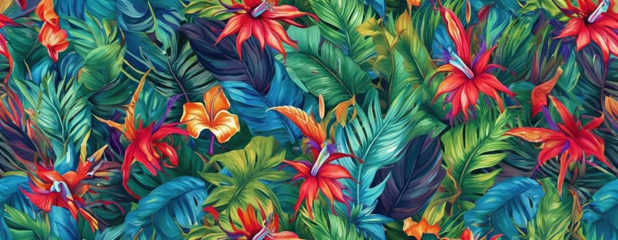 Tropical exotic pattern with animal and flowers in bright colors and lush vegetation. Ai Generative