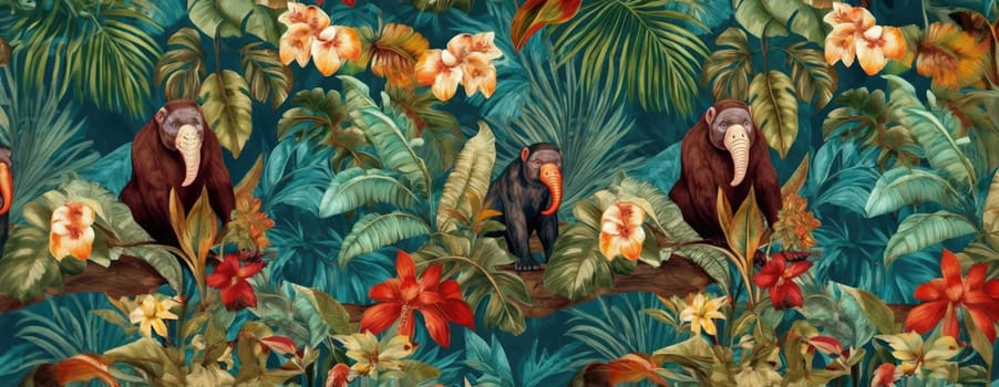 Tropical exotic pattern with animal and flowers in bright colors and lush vegetation. Ai Generative