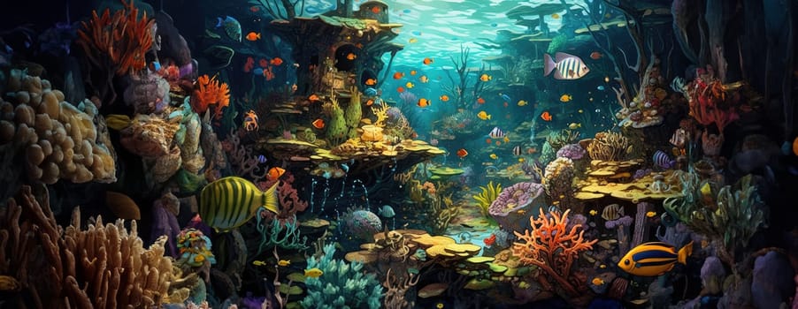 Tropical sea underwater fishes on coral reef. Aquarium oceanarium wildlife colorful marine panorama landscape nature snorkel diving. AI Generative