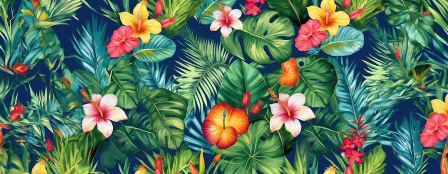 Tropical exotic pattern with animal and flowers in bright colors and lush vegetation. Ai Generative