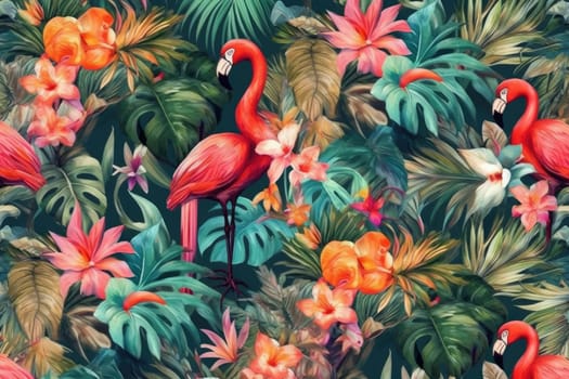 Tropical exotic pattern with animal and flowers in bright colors and lush vegetation. Ai Generative