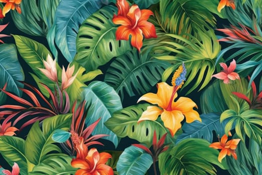 Tropical exotic pattern with animal and flowers in bright colors and lush vegetation. Ai Generative