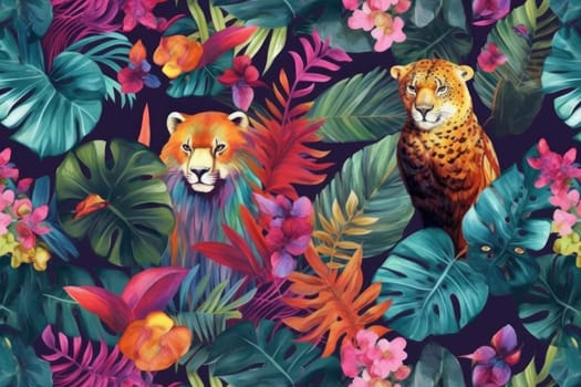 Tropical exotic pattern with animal and flowers in bright colors and lush vegetation. Ai Generative