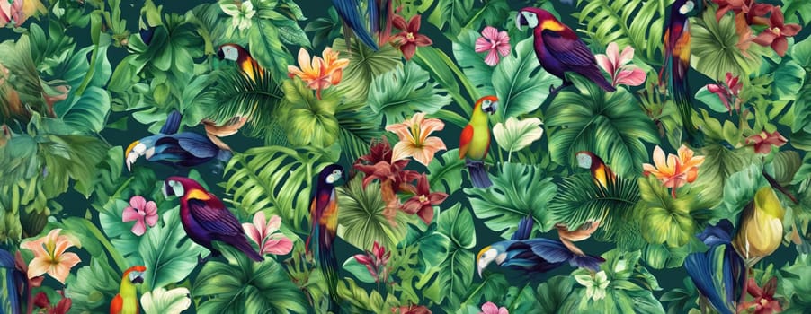 Tropical exotic pattern with animal and flowers in bright colors and lush vegetation. Ai Generative