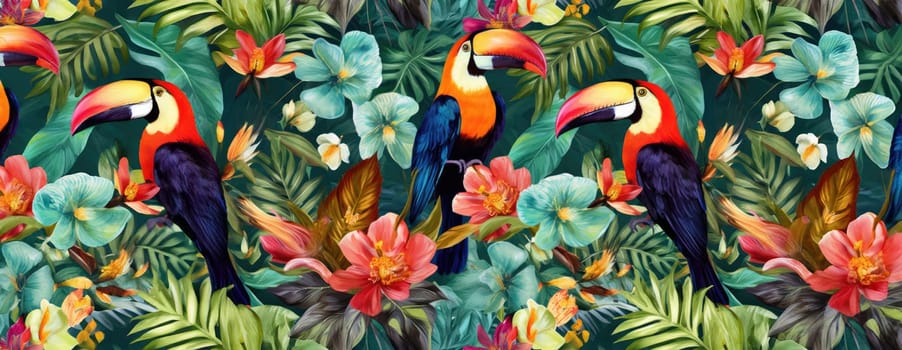 Tropical exotic pattern with animal and flowers in bright colors and lush vegetation. Ai Generative