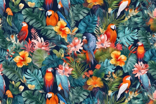 Tropical exotic pattern with animal and flowers in bright colors and lush vegetation. Ai Generative