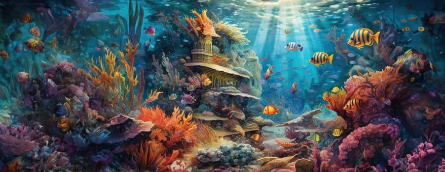 Tropical sea underwater fishes on coral reef. Aquarium oceanarium wildlife colorful marine panorama landscape nature snorkel diving. AI Generative