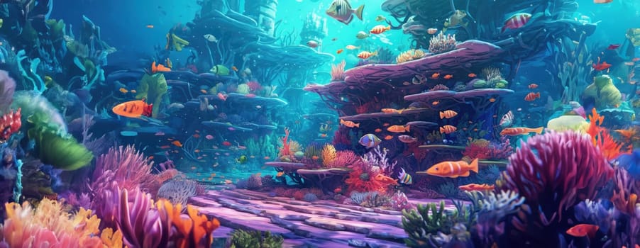 Tropical sea underwater fishes on coral reef. Aquarium oceanarium wildlife colorful marine panorama landscape nature snorkel diving. AI Generative