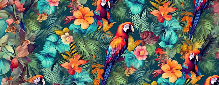 Tropical exotic pattern with animal and flowers in bright colors and lush vegetation. Ai Generative