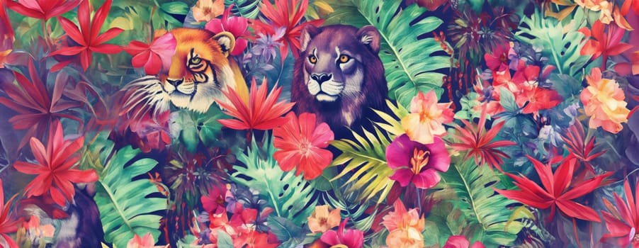 Tropical exotic pattern with animal and flowers in bright colors and lush vegetation. Ai Generative