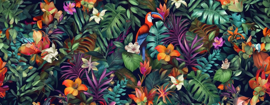 Tropical exotic pattern with animal and flowers in bright colors and lush vegetation. Ai Generative