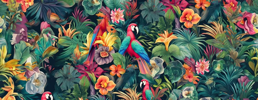 Tropical exotic pattern with animal and flowers in bright colors and lush vegetation. Ai Generative