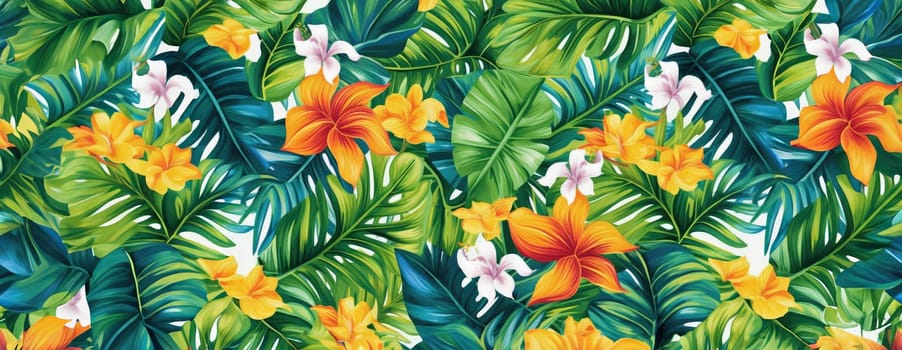 Tropical exotic pattern with animal and flowers in bright colors and lush vegetation. Ai Generative