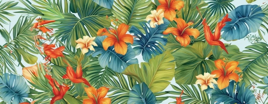 Tropical exotic pattern with animal and flowers in bright colors and lush vegetation. Ai Generative