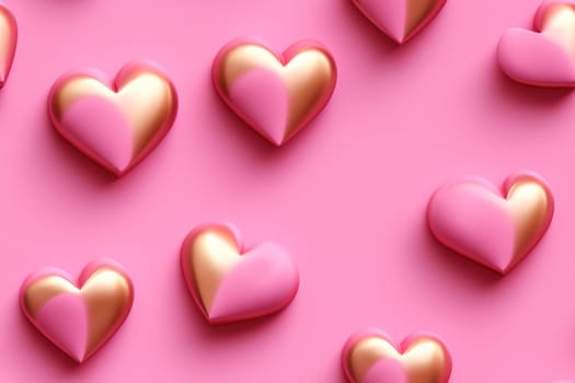 An enchanting array of golden and pink 3D hearts on a vibrant pink background, ideal for romantic themes, Valentine's Day, or love-related designs. Seamless pattern, repeatable texture. Generative AI