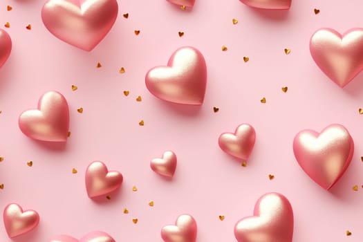 Seamless pattern with hearts, confetti. Applicable for fabric print, textile, wrapping paper, wallpaper. Pink background with shiny golden particles. Repeatable texture. Valentines Day. Generative AI