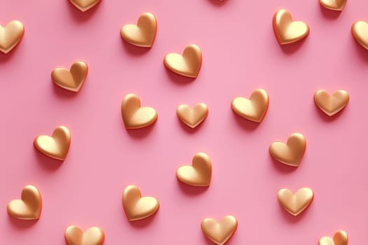 A heartwarming pattern of 3D golden hearts on a pastel pink background, perfect for themes of love, Valentine's Day, and romantic decorations. Seamless, repeatable texture. Generative AI