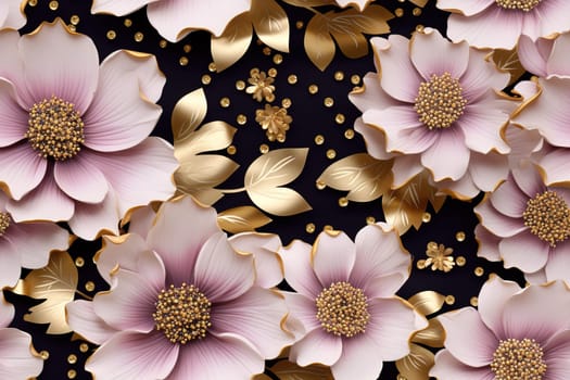 Luxurious pattern featuring pink flowers with golden accents and scattered golden particles against a dark background, perfect for elegant wallpaper. Generative AI