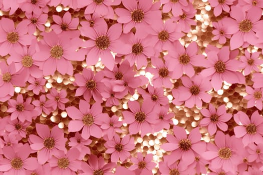 Pink seamless pattern with flowers and golden glitter, sequins. Applicable for wrapping paper, print. Background with shiny elements. Repeatable texture. Celebration, festive, event. Generative AI