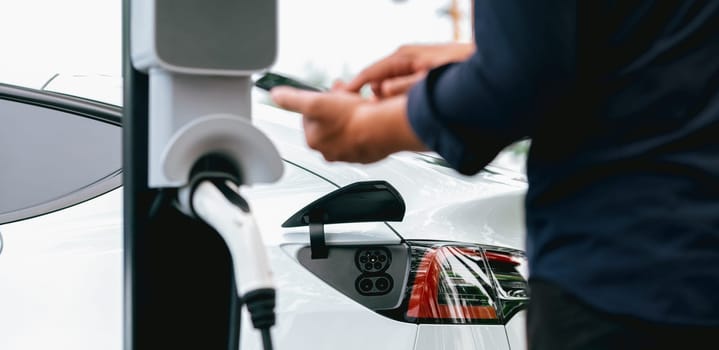 Man using smartphone online banking application to pay for electric car battery charging from EV charging station during vacation road trip at national park or summer forest. Panorama Exalt
