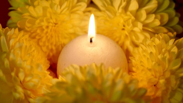 Celebration of the religious Indian festival of Diwali. Yellow flowers with burning holi candles at Hindi festival close-up