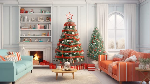 Interior of decorated living room with Christmas tree and comfortable sofa for family comeliness