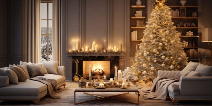 Interior of decorated living room with Christmas tree and comfortable sofa for family comeliness