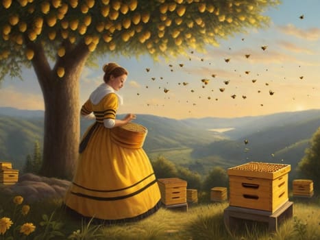 beautiful young woman surrounded by bees extracting honey from hives, springtime, illustration generative ai art