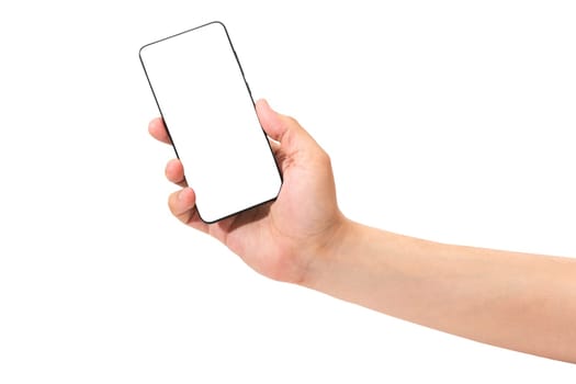 Male hand holding black smartphone isolated on white background.