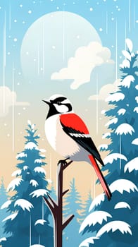 Cute red and black bird against snowy landscape - lively illustration exuding a vibrant clipart energy of artful expression - Generative AI