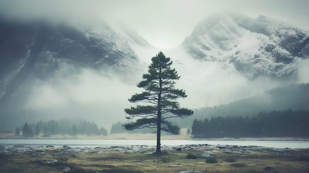 solitary tree with fog coming from the mountains - cold and snowy background - AI Generative