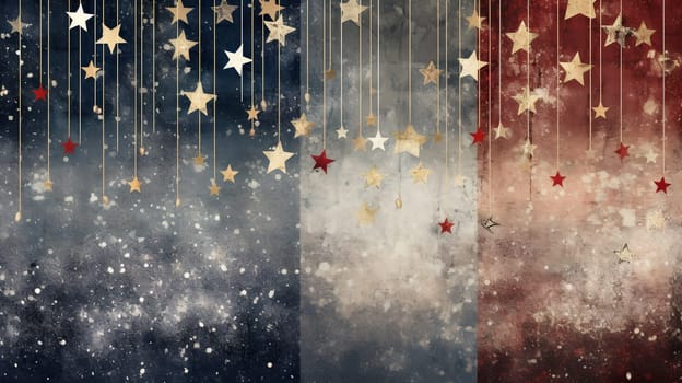 Glittering stars emerge from delicate strings, dancing amidst a wintry wonderland of red, white, and blue, creating a dazzling art piece that evokes a sense of patriotism and awe - generative AI