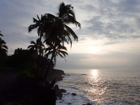 A beautiful sunrise over the ocean in Pahoa, Hawaii. The photo shows the gradient of orange and blue colors in the sky and the reflection of the sun on the water. The photo also shows the palm trees and the rocks on the sides of the ocean, creating a natural and scenic contrast. The photo is taken from a higher vantage point, looking down at the ocean.