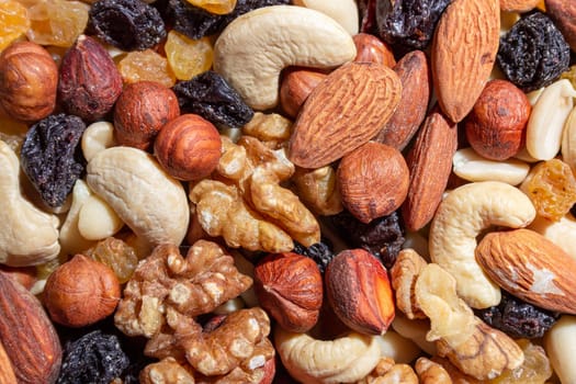 Mixed Nuts: Almonds, Walnuts, Cashews, Peanuts, Hazelnuts, Dried Prunes and Raisins. Different Nut Mix. Background from Various Nuts and Dried Fruits