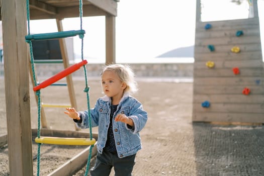 Little girl goes to the rope ladder at the playground. High quality photo