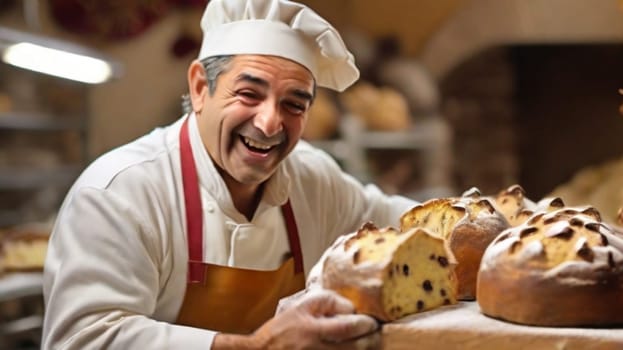 happy joyful italian baker making panettone christmas sweet cake at the professional kitchen ai generated