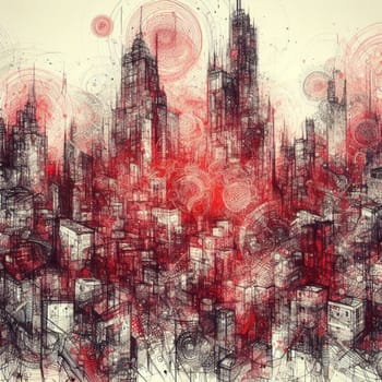 abstract art in red black ink , a cityscape render generative ai art