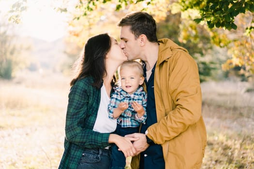 Dad kisses mom with a little girl in her arms in the park. High quality photo