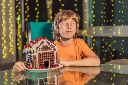 Immerse in festive delight as a boy crafts boy crafting an unconventional gingerbread house, infusing Christmas with unique creativity and festive cheer. A sweet scene of seasonal bonding and culinary fun.