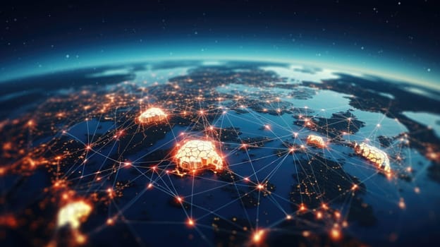 Communication technology with connections around globe Earth showing concept of Internet, IoT, cyberspace, global business, innovation, big data science, digital finance, blockchain.