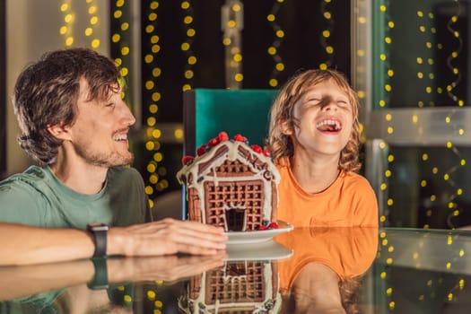 Savor unique moments as dad and son bite into an unconventional gingerbread house, adding a twist to Christmas traditions. A tasty blend of creativity and family joy.